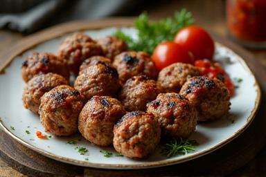 Plate of grilled Kebapche and Kyufte with garnish