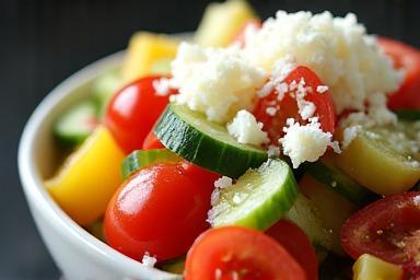 Close-up of a fresh Shopska salad